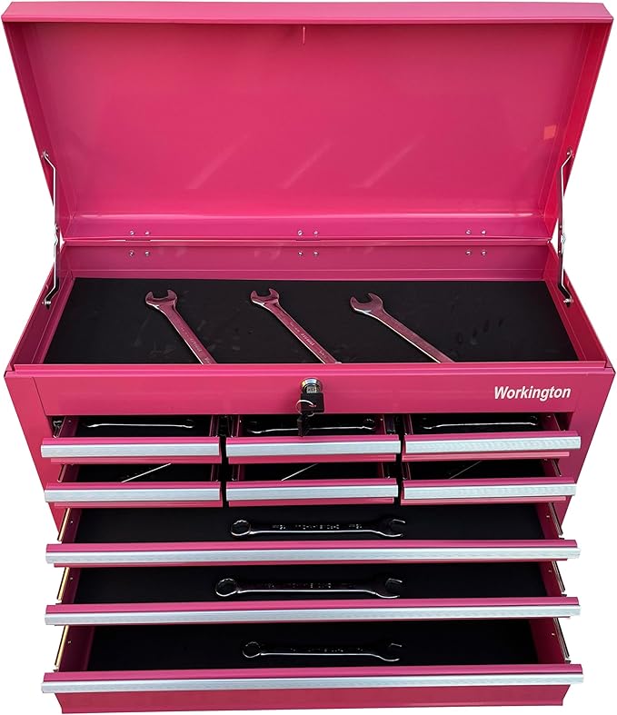 Workington Portable Metal Tool Chest with 9 Drawers, 24" 9-Drawer Tool Chest Cabinet with Ball Bearing Drawer Slides, Steel Tool Storage Box Organizer 4006 Pink