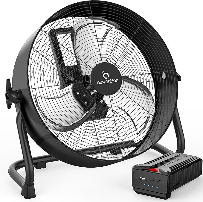 15600mAh Rechargeable Battery Operated Floor Fan, 12 inch Black Industrial High Velocity Drum Fan, Camping Fan for Gym Garage Outdoor Indoor, AI-F600