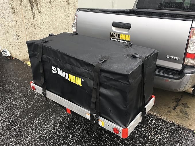 MaxxHaul 50912 Soft Shell Cargo Carrier Bag for Hitch Mount Cargo Rack - Heavy Duty and Water Resistant 47 inch x 20 inch x 20 inch Black with Tie Down Straps