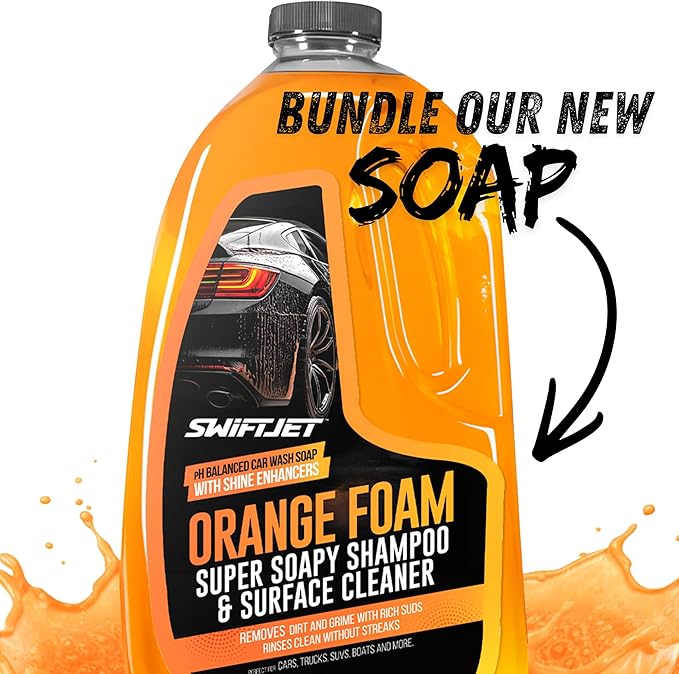 SwiftJet Car Wash Foam Gun + Microfiber Wash Mitt - Foam Cannon Works with Any Soap - Garden Hose Car Foam Sprayer - Car Wash Kit - Car Accessories Foam Blaster (Orange Foam Gun with Mitt)
