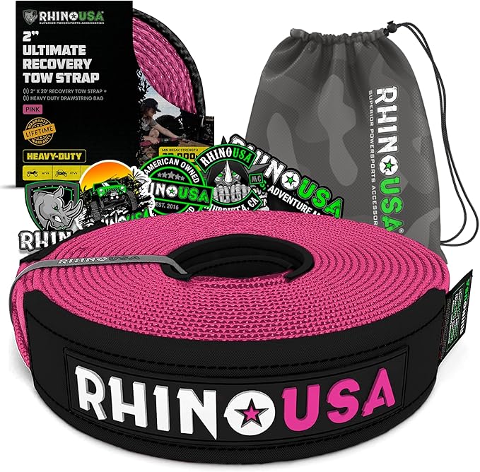Rhino USA Recovery Tow Strap (2" x 20') - 20,024lb Break Strength - Emergency Recovery Strap Tow Rope for UTV, ATV & More - Heavy Duty Towing Strap for Offroad 4x4 Use - Compatible with RZR and Can-Am