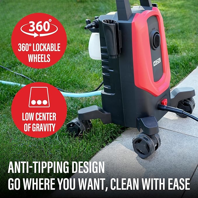 MZK Pressure Washer, Power Washer with Anti-Tipping Technology, 4 Wheels, 4 Quick Connect Nozzles, Foam Cannon, for Cars, Fences, Driveways, Patios, Home & Outdoor Cleaning - Deep Red