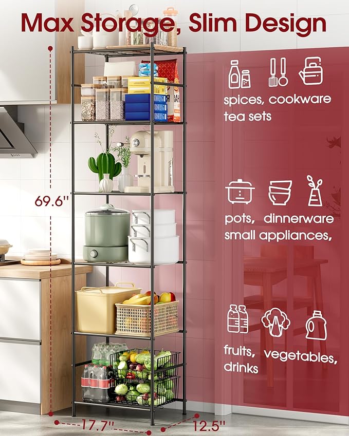 Sakugi 6-Tier Metal Storage Shelves - Space-Saving Shelf Organizer for Small Spaces, Compact Shelving Unit with Adjustable Feet for Kitchen, Garage, Laundry Room (17.7" x 12.5" x 69.6", Black)