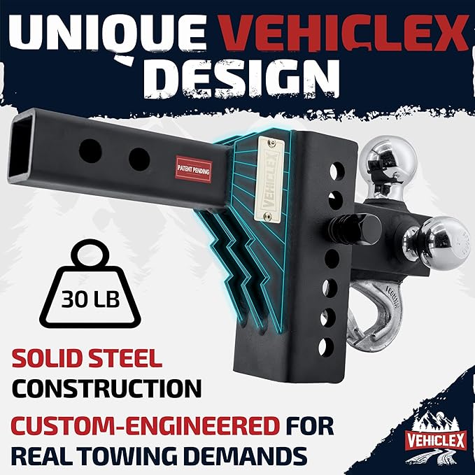 Vehiclex 6" Adjustable Drop Hitch for 2" Receiver, Heavy-Duty Tri-Ball & Tow Hook with Keyed-Alike Pin Locks for SUVs & Light-Duty Trucks, Solid Steel Design