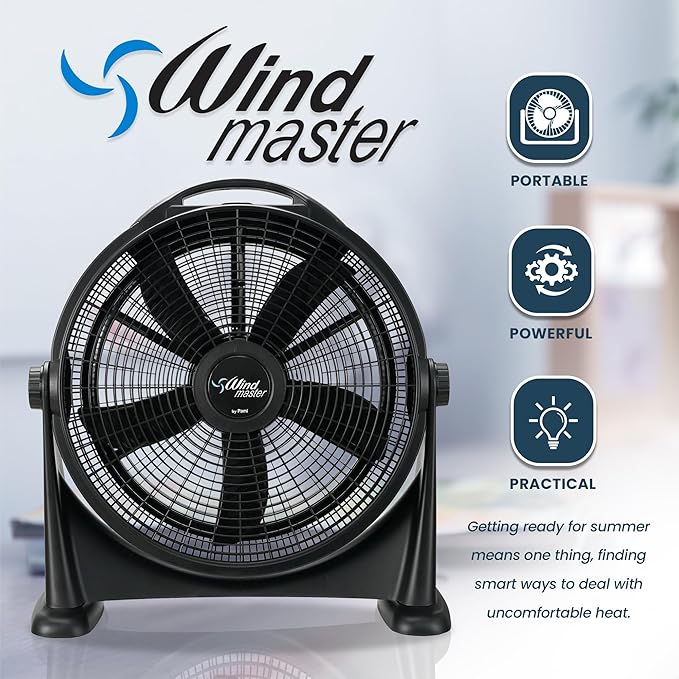 PAMI Turbo 20” High-Velocity Floor Fan - Quiet Portable Fan With 3 Speed Levels & Carry Handle- Adjustable Head Powerful Air Flow Industrial Fan- Heavy-Duty Electric Box Fan For Bedroom Home Office