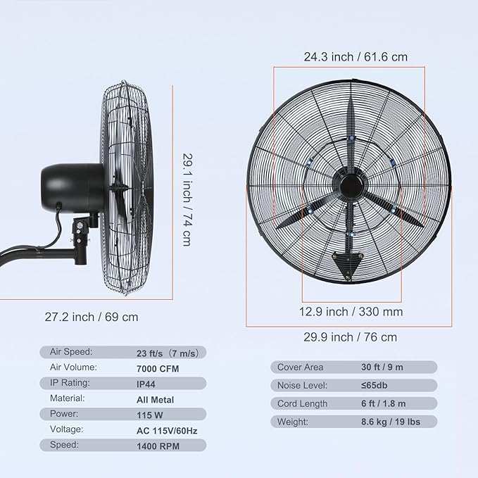 VEVOR 24 Inch 3-Speed 7000 CFM Black Waterproof Wall Mount Oscillating Fan