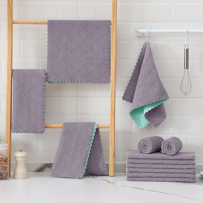 Mordimy 24 Pack Kitchen Towels (20" x 10", Grey & Green), Super Soft and Absorbent Dish Towels, Coral Velvet Microfiber Cleaning Cloth, Nonstick Oil Fast Dry Dish Cloths