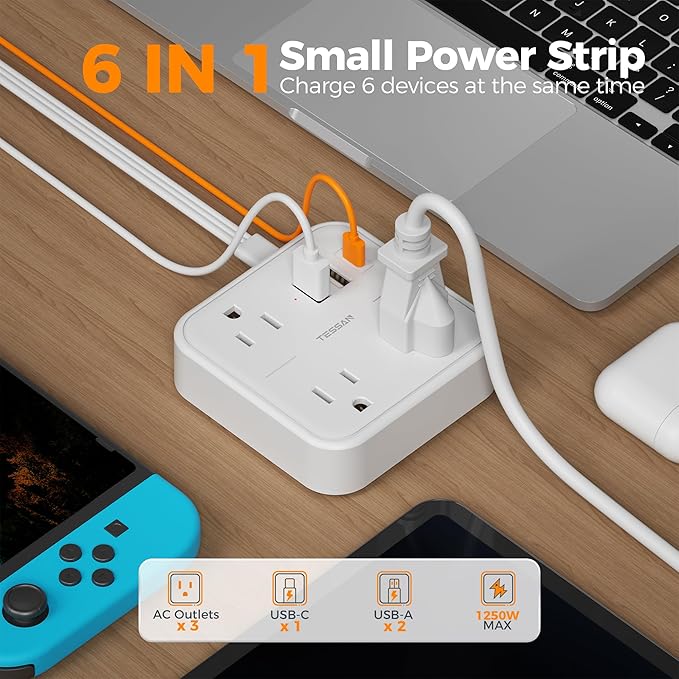 TESSAN Ultra Thin Flat Extension Cord 5 FT, Slim Power Strip with USB Ports (1 USB C), Surge Protector Flat Plug Wall Charger with 3 Outlets for Office, School, Dorm Room Essentials, White
