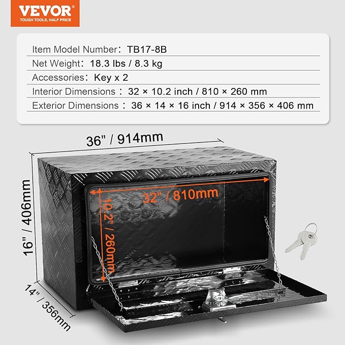 VEVOR Underbody Truck Box, 36"×14"×16" Pickup Storage Box, Heavy Duty Aluminum Diamond Plate Tool Box with Lock and Keys, Waterproof Trailer Storage Box with T-Handle Latch for Truck, Van, Trailer