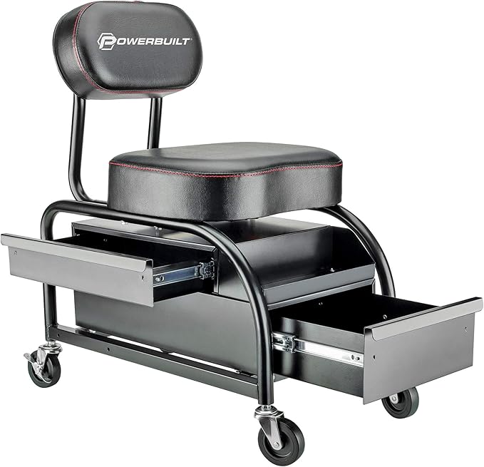 Powerbuilt Professional Car Detailers Mechanics Roller Seat, Heavy Duty Garage Stool with Thick Padded Seat and Backrest, 2 Sliding Storage Drawers, Tool Tray, Can Holders, 3in. Swivel Casters–240299