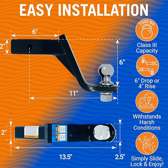 6000 Lbs Carbon Steel Trailer Hitch with 2" Ball, Pin and Cover, 2 Inch Receiver with Towing Starter Kit, Lift or Drop Truck Hitch, Marine Grade Mount, 6 Inch Drop