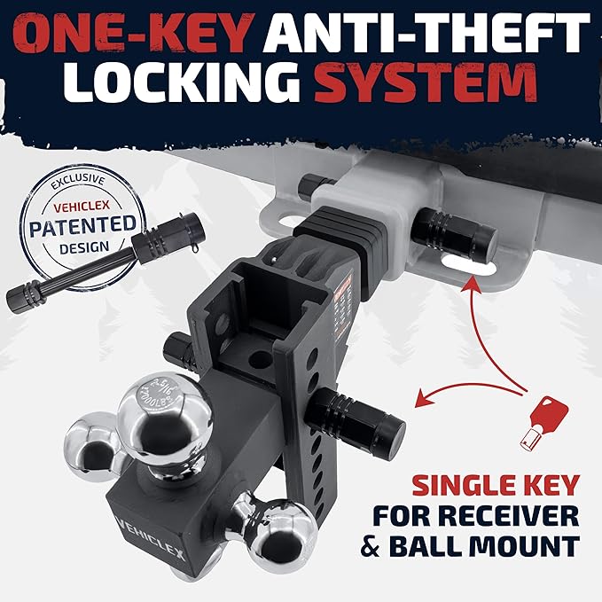 Vehiclex 6" Adjustable Drop Hitch for 2" Receiver, Heavy-Duty Tri-Ball & Tow Hook with Keyed-Alike Pin Locks for SUVs & Light-Duty Trucks, Solid Steel Design