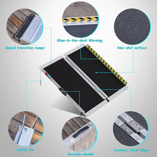 WHALEMOTOR Portable Wheelchair Ramp 3FT, Anti-Slip Aluminum Folding Portable Ramp, Wheelchair Ramps for Home, Weight Capacity Up to 800 LBS, with Transition Plates Above and Below, Loading Dock Plates