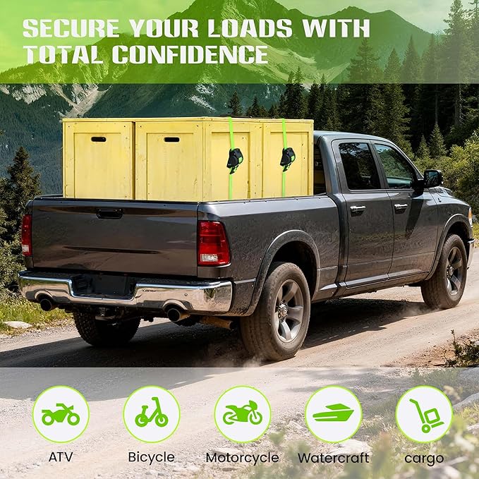 Retractable Ratchet Straps (4-Pack) - Heavy Duty Auto Slow Retraction Tie Down Straps - 1 Inch x 13 Feet (1,800lb Break Strength) for Truck, Cargo Trailer, Motorcycle, ATV, UTV - Green