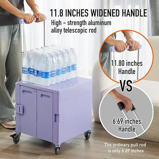 Folding Utility Cart Portable Rolling Crate Handcart Shopping Trolley Collapsible Tool Box, with Lid, on Rotate Wheels, for Grocery, Shopping, Office, Teacher, Camp,File (Purple)