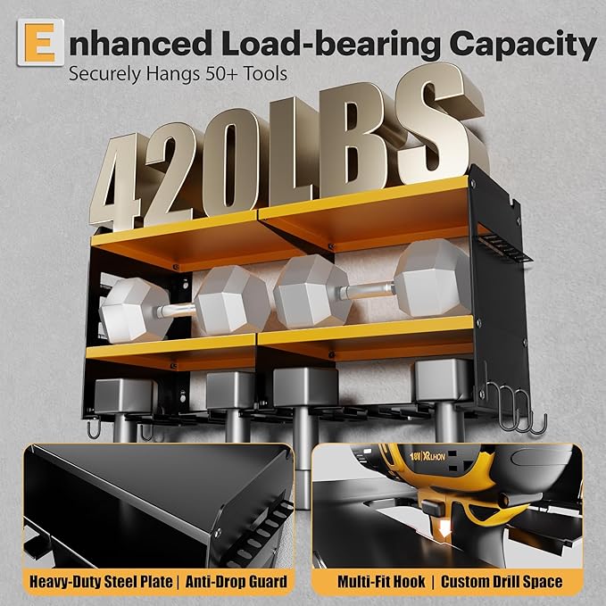 Spampur Large Power Tool Organizer Wall Mount with Charging Station, 3 Layer Heavy Duty Metal Tool Storage Rack Loads 420lbs with 6 Cordless Drill Holder, Utility Rack Loads with 4 Power Strip