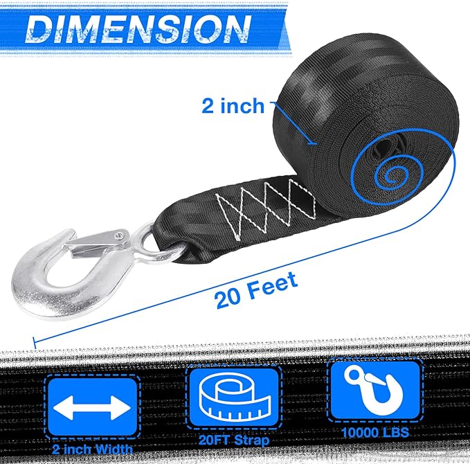 2" X 20ft Boat Winch Strap with Hook, 10000 lbs Boat Trailer Winch Strap, Boat Tow Strap for Towing Boat, ATV, Trailer, Wave Runner, Jet Ski