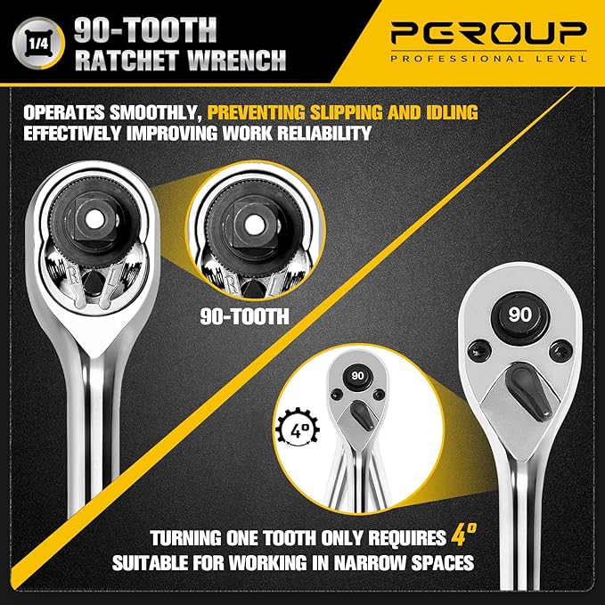 1/4-Inch Drive Ratchet Wrench, 90-Tooth Quick-release Reversible Ratchet Wrench with an Extension Bar(2 inch), 5" Long Socket wrench, 4-Degree Swing, Full Polished,Cr-Mo Head For Gifting,Repairing