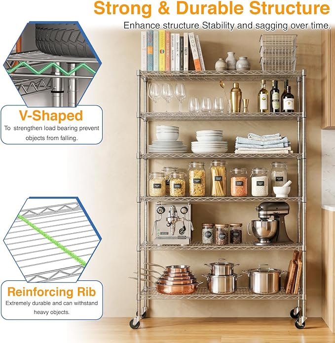 BestOffice | 6-Tier Wire Shelf with Wheels | 45"x18"x82" | Chrome | Adjustable Racks | Heavy-Duty Storage Shelves, Holds Upto 510 lbs | Rust-Resistant, No-Tool Assembly | for Home, Garage Shelving