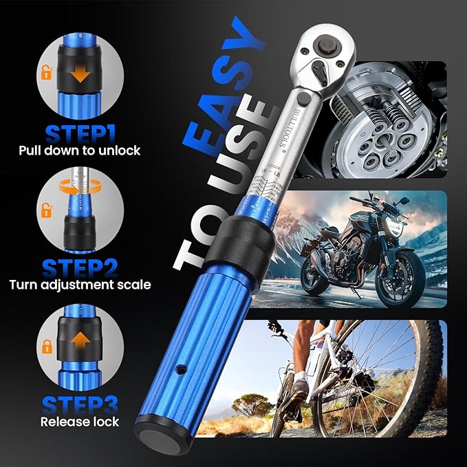 BULLTOOLS ‌1/4 Inch Drive Click Torque Wrench Set, 20-200 in.lb / 2.26-22.6 Nm Inch Pound Torque Wrench 90-Tooth Bike Torque Wrench Set with ±3% Accuracy for Bicycle and MTB Repair