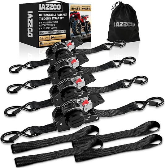 10FT Retractable Ratchet Straps(4-Pack) - 1 Inch (1800 LB Break Strength) Heavy Duty Self Retracting Ratchet Straps with Soft Loops & Storage Bag for Household, Motorcycle, Truck, ATV(Black)