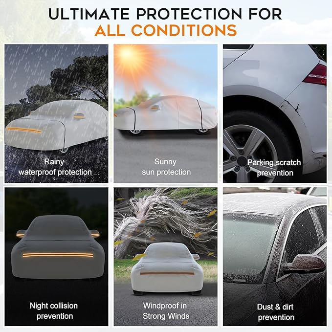 Waterproof Hatchback Car Cover: 6-Layer Protection from Rain, Snow, UV & Dust - Universal Fit up to 189 inches with Zipper Door & Windproof Straps for Outdoor, Garage, Travel Use,Silver