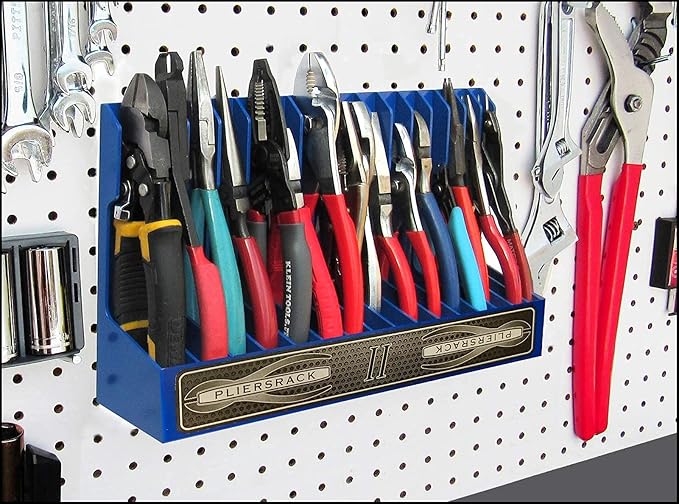 PLR16 Gray PliersRack for your Peg Board and Toolbox Drawer. Plier storage for Regular & smaller pliers. Keeps spring loaded pliers closed in your toolbox. Has a special tilt feature.
