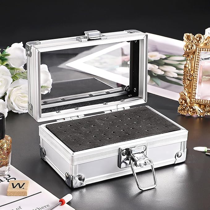 Noverlife 50 Holes Nail Drill Bit Holder Case, Professional Polishing Heads Holder Organizer, Silver Bit Storage Box, Large Display Container for Salon Grinding Head