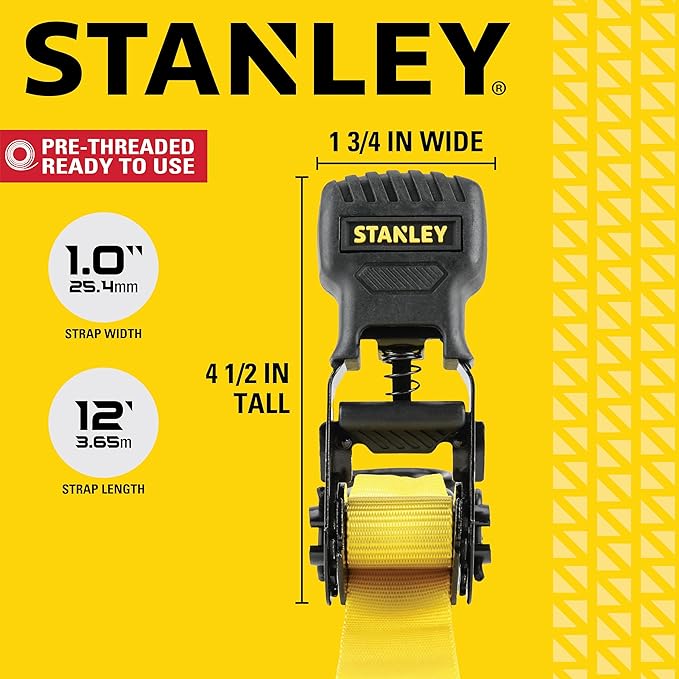 STANLEY S10002-12 Black/Yellow 1" X 12' Ratchet Straps - 500 LBS Safe Working Load / 1,500 LBS Break Strength, 2 Pack