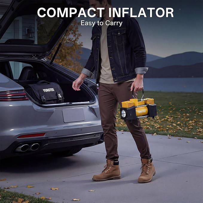 YUNGTEE Yellow Tire Inflator Heavy Duty Double Cylinders Direct Drive Inflation Pump,12V Portable Air Compressor Pump with Emergency LED Light - 150PSI Tire Pump,Apply to Car,Suv,RV