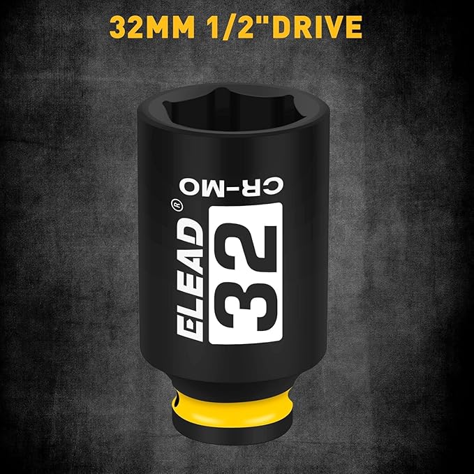 ELEAD 32 mm Socket 1/2" Drive Deep Impact Socket, Metric 6 Point 1/2-inch Drive Impact Axle Nut Sockets, CR-MO Nut Socket Set, Tools for Easy Removal of Axle Shaft Nuts