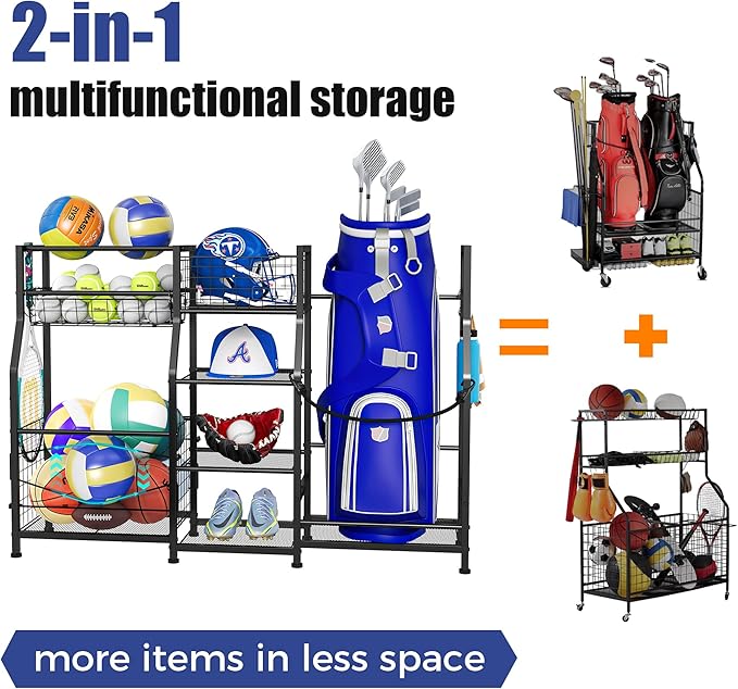 Sonyabecca Garage Sports Equipment Organizer 2 Golf Bag Stand Golf Storage Organizer for Garage with Basket and Hooks, Storage Rack for 2 Golf Bag, Golf Gift for Men, Two Assembly Methods