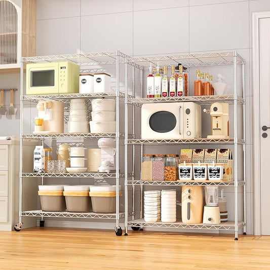 5 Tier Shelving Unit,30" Wx14 Dx62 H,Wire Shelving with Lockable Wheels,Metal Shelf Rack,Height Adjustable Wire Rack Storage Shelving Stand for Kitchen,PantryGarage,Office,Laundry,Living Room