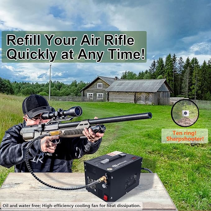 PCP Air Compressor,Built-in Power Converter,Portable 4500Psi/30Mpa,Water/Oil-Free,PCP Paintball Tank Air Pump, Powered by 12V Car DC or Home 110V AC with Oil-Moisture Filter