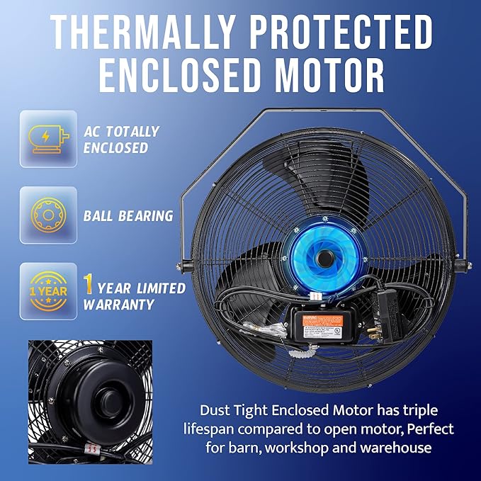 Tornado 18 Inch Outdoor IPX4 Water-Resistant High Velocity Metal Industrial Wall Mount Fan For Commercial, Industrial, Residential, Greenhouse Use 3 Speed 1/6 HP 6.6 FT Cord UL Safety Listed