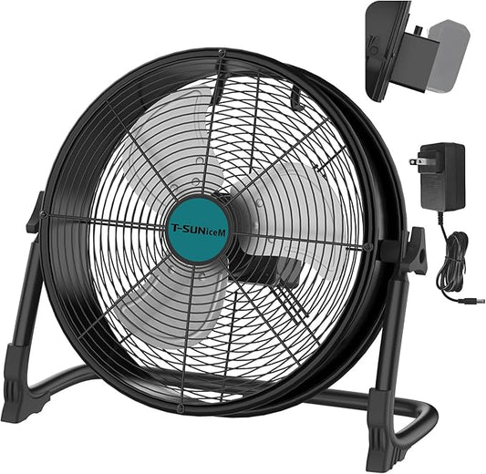 16" Battery Operated Floor Fan Compatible with Makita18V Battery, Portable Fan with AC Adapter and USB Output, Metal Industrial High Velocity, Stepless Speed Cordless Fan for Jobsite Garage Camping