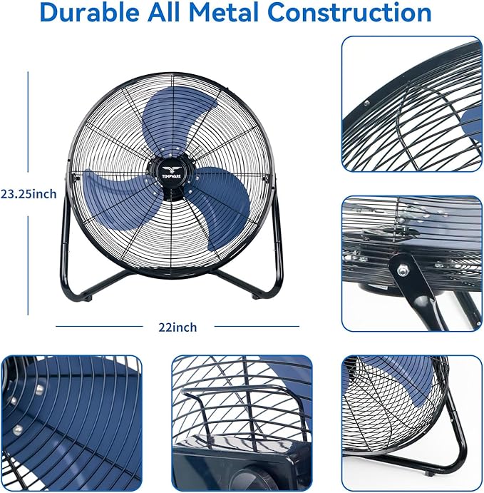 TEMPWARE 20 Inch High Velocity Industrial Floor Fan, 3-Speed Heavy Duty Metal Cradle Floor Fans with 360° Tilt for Warehouse, Workshop, Garage, Factory and Basement, Black & Blue