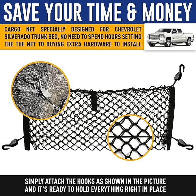 Envelope Style Trunk Mesh Cargo Net for Chevy Silverado Accessories 2013-2026 - Premium Trunk Organizers and Storage - Cargo Net for Pickup Truck Bed - Truck Bed Net for Chevy Silverado