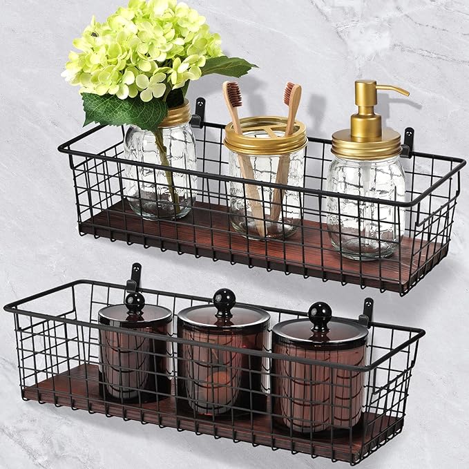 4 Set [Extra Large] Portable Metal Farmhouse Wall Decor Storage Organizer Basket Bin with Handles and Floating Shelves for Hanging in Entryway,Bathroom,Kitchen-Wall Mount Hooks Included (4, Black)