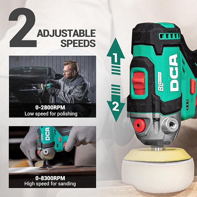 DCA 12V Cordless Buffer Polisher, 3" Brushless Mini Car Polisher & 2" Sander Machine Kit with 2x 2.0Ah Batteries, 2 Variable Speed 2800-8300RPM for Car Detailing Polishing/Buffing/Sanding/Waxing