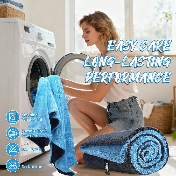 PUGPIU Car Drying Towel - 1400GSM Extra Large Super Absorbent Microfiber Towels for Cars 24"x36" - Large Edgeless with Twisted Loop, Lint-Free & Streak-Free for Auto Detailing, SUV, Truck (Blue)