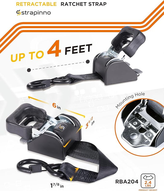Strapinno 2PCS Retractable Ratchet Straps (1 7/8 in x 4 ft) Heavy Duty Transom Tie Downs for Boat, PWC Trailer - Extra Mounting Brackets & Bolt Set,Safety Latch S-Hook,Break Strength 2,600LBS/1,180KG