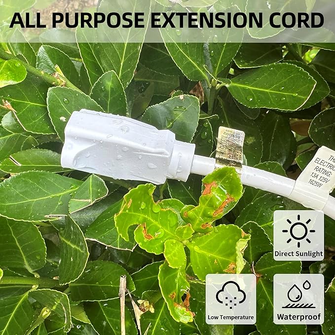 YOJOE Indoor Outdoor Extension Cord, 3 Prong 13A Weatherproof Power Cord, 16 Gauge Heavy Duty 20 ft White Extension Cord for Garage, Garden and Home, 16/3 SJTW UL Listed