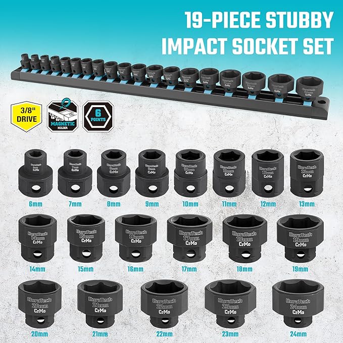 DURATECH 3/8" Drive Stubby Impact Socket Set, Low Profile Impact Sockets, 19-Piece, Metric, Size Covers 6-24mm, Cr-Mo Steel, Organized in Magnetic Storage Rail
