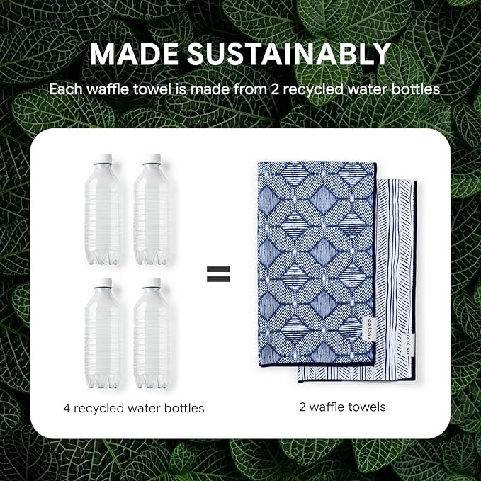 RECYCO Waffle Kitchen Towel Set of 2 - Quick Dry Microfiber Sustainable Dish Towels - Ultra Absorbent Reusable Cleaning Tea Towels - Lightweight Hand Towels,16”x 28”, Indigo Harmony