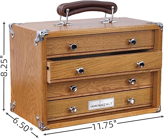 Oak Wood 4 Drawers Portable Toolbox, Leather Handle, FT0104
