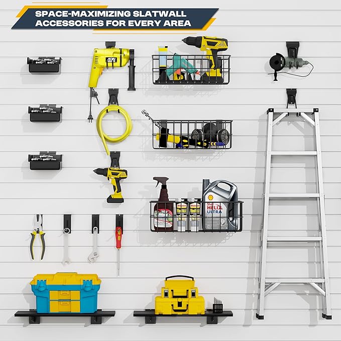 35Pcs Slatwall Accessories Kit, with Slatwall Hooks, Baskets, Shelves, Bins, Heavy Duty Slat Wall Accessory for Garage Organization, Workshop & Utility Room