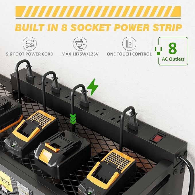 Power Tool Organizer Wall Mount with Charging Station, Heavy-Duty Metal Garage Tool Storage Rack & 8 Outlet Power Strip, 33 Inch Long 4 Tier Shelves for Workshop Organization