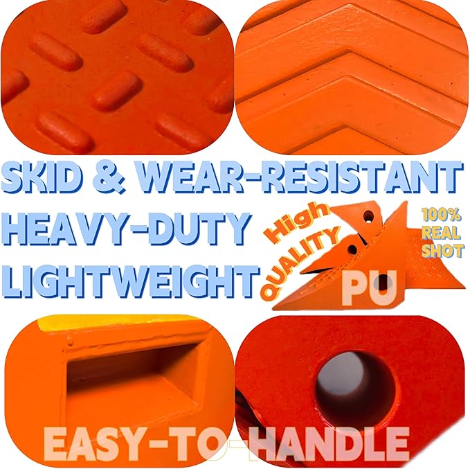 Heavy Duty Orange PU Wheel Chocks with Reflective Strips - 2-Piece M(10.8x7.75x7.5 Inch),All-Weather, Non-Slip & Portable Parking Security for Truck, RV, Trailer (2, M)