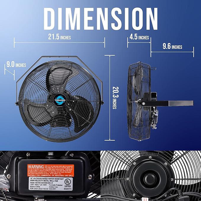 Tornado 18 Inch Outdoor IPX4 Water-Resistant High Velocity Metal Industrial Wall Mount Fan For Commercial, Industrial, Residential, Greenhouse Use 3 Speed 1/6 HP 6.6 FT Cord UL Safety Listed